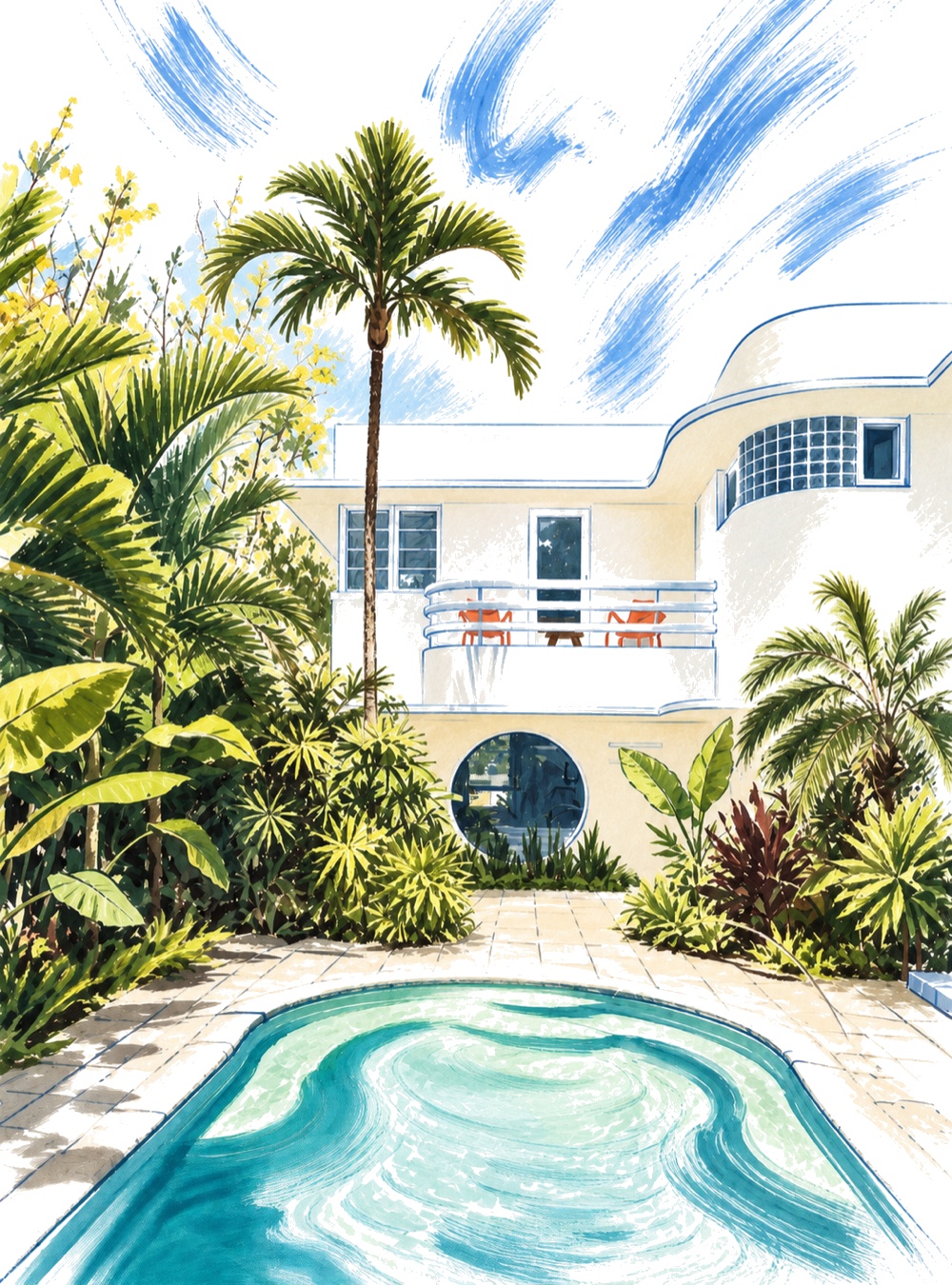 Watercolour illustration of a Miami Beach art deco house with a pool, palms and planting