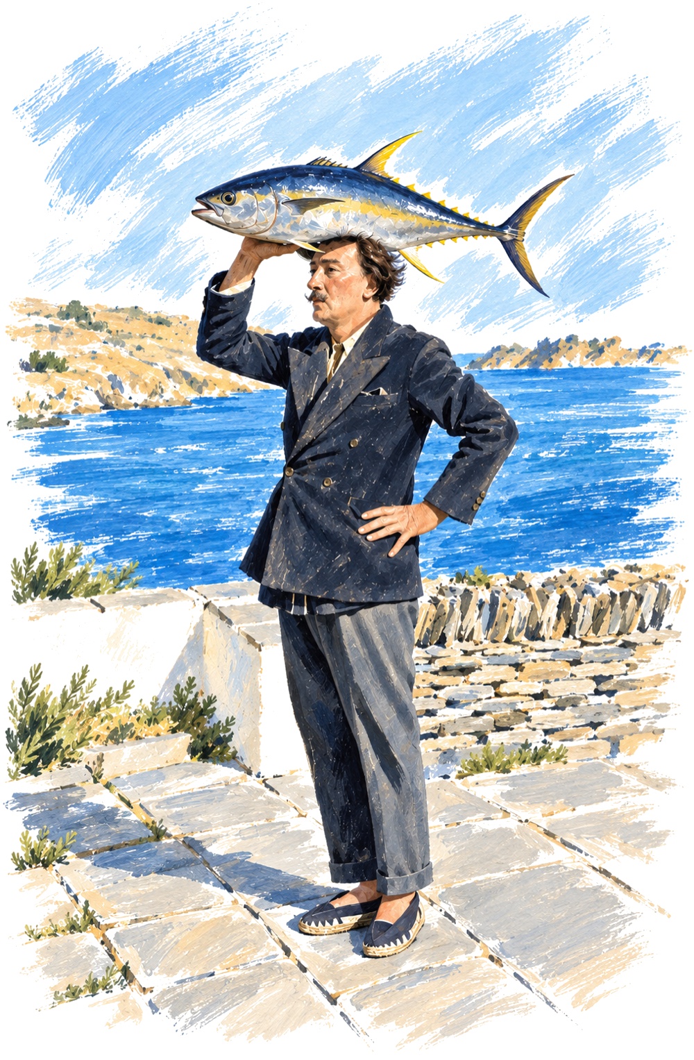 Watercolour illustration of a man in a suit balancing a bluefin tuna over his head by the sea